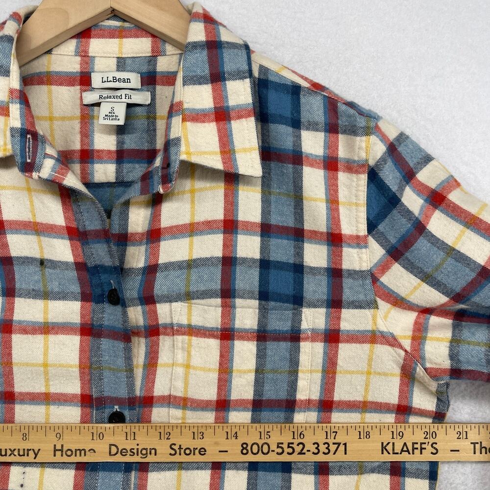 LL BEAN Top Womens S Scotch Plaid Flannel Shirt Relaxed Fit Button Up Ivory Blue - Picture 12 of 16